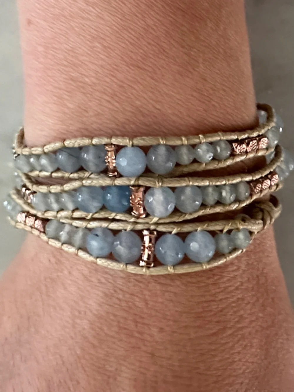 Handcrafted Light Blue Bead Wrap Bracelet with Rose Gold Accents - Picture 1 of 6